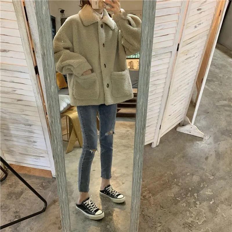 Women Faux Lamb Wool Thick Warm Open Front Jacket Loose Vintage Casual Coat