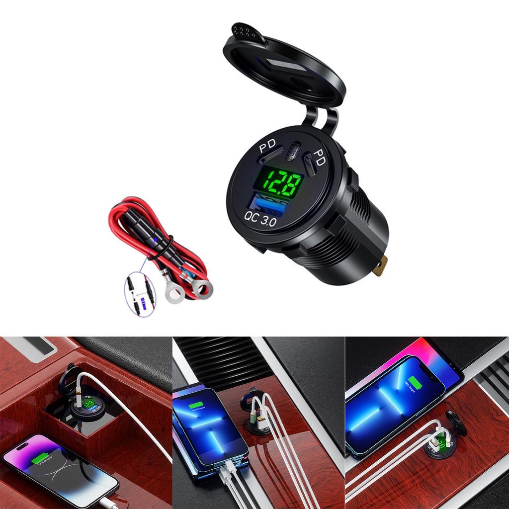 USB C Car Charger Switches Panel with 18W USB 45W Type C Car Socket LED Digital Voltmeter Display for Truck Boats