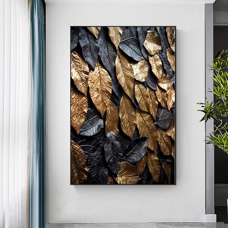 Modern Golden and Black Leaf Canvas Painting Wall Art Gold Leaves Wall Decor Prints Textured Paintings for Living Room No Frame