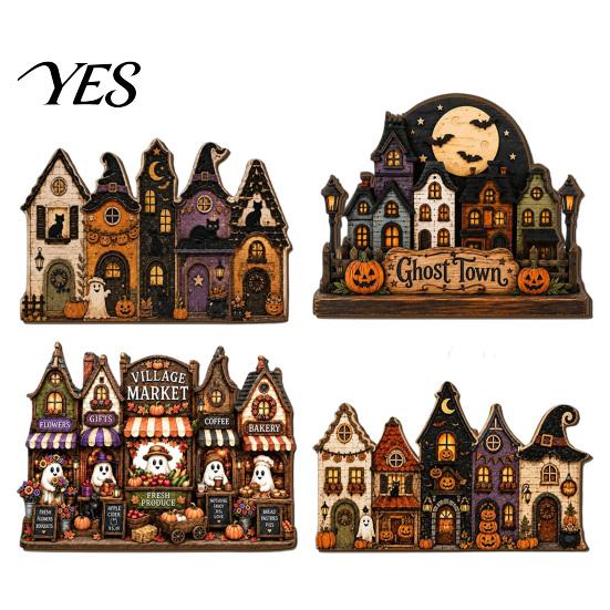 Haunted House Wall Decoration Halloween Wooden Hanging Pendant with Hemp Rope for Door Autumn Seasonal Art Decoration, Castle Ornaments Pumpkin Ghost
