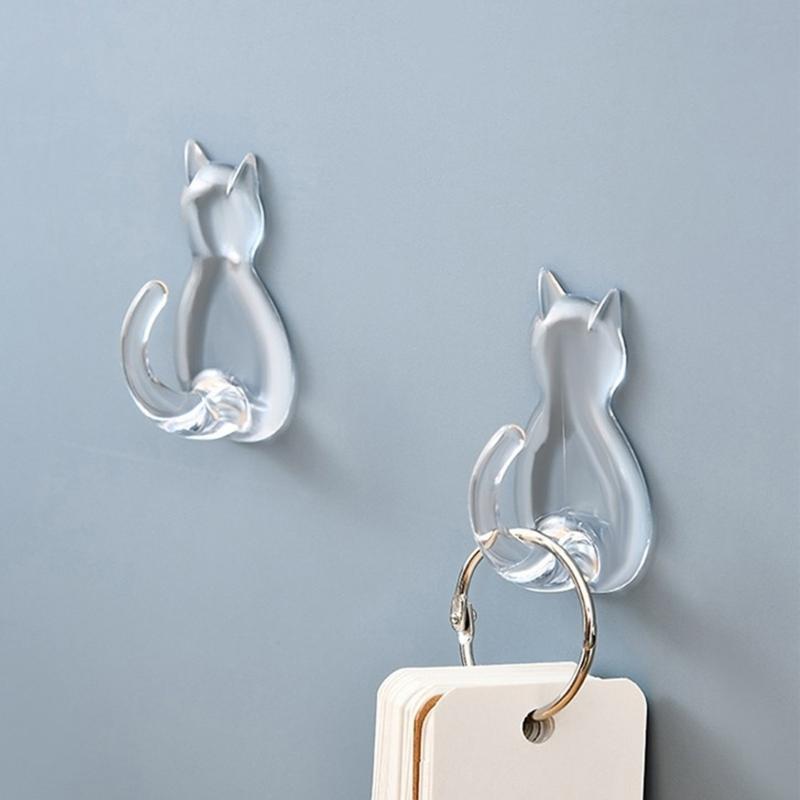 2pcs Cats Shaped Wall Mount Hooks with Strong Adhesive Backing Space Efficient Vertical Storage Hook For Keys Hats