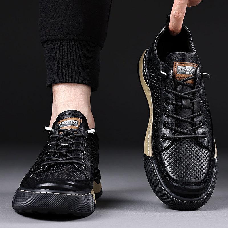 Men's board shoes casual leather shoes men's summer hollow breathable cool leather shoes real cowhide sports shoes youth shoes black