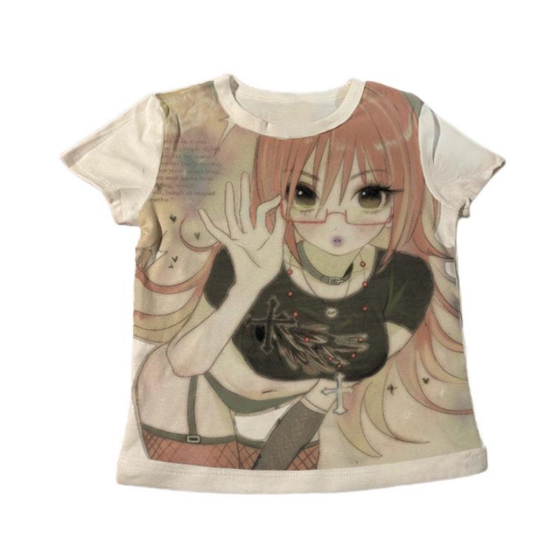 

Европейский и американский Y2K Персонализированный мультяшный аниме принт Круглый вырез Женский летний модный топ S