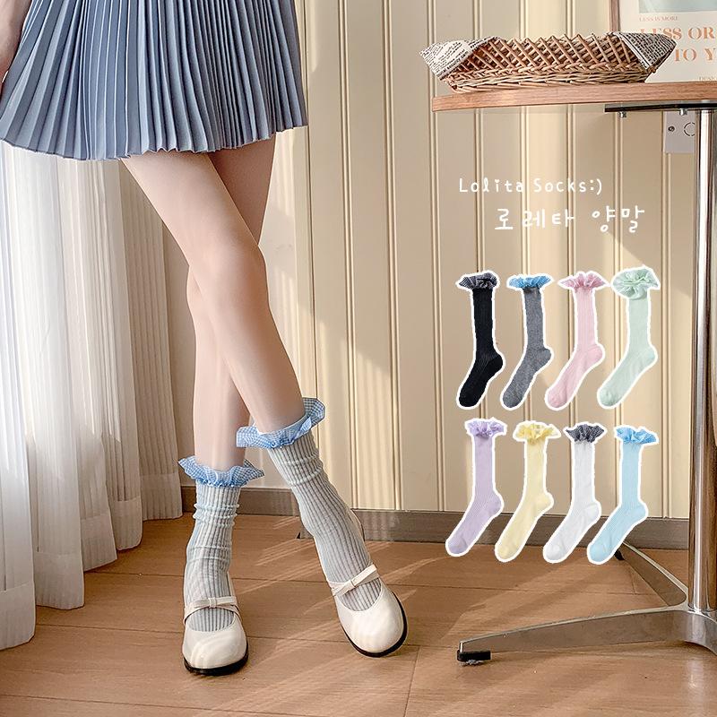 

Women s Spring and Summer Thin Checkered Lace School Style Ballet Style Pile Socks 1 pair рожевий