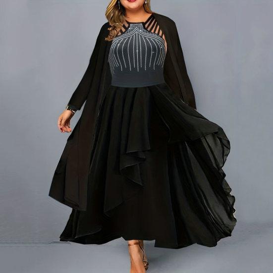 

2 шт./компл., женское элегантное платье, комплект пальто, без рукавов, ажурные стразы, рюшами по подолу, платье макси с длинными рукавами, черный кардиган, комплект S чёрный