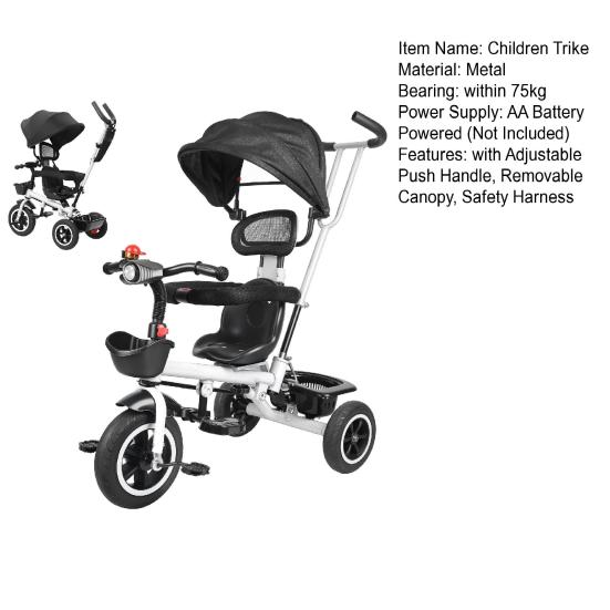 Toddler Tricycle Children Trike Kids with Adjustable Push Handle Removable Canopy Safety Harness Child Music Headlight Storage Basket,
