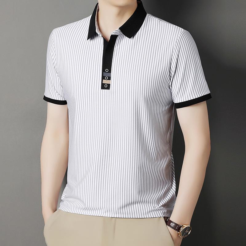 Traceless Lapel Striped Short-Sleeved T-Shirt Father Dress Short-Sleeved Polo Shirt Men