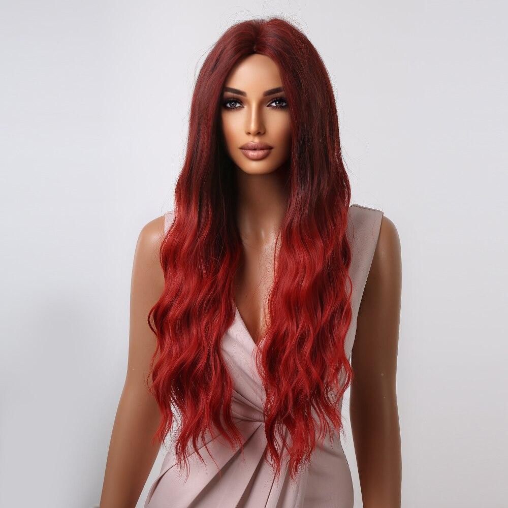 ALAN EATON Lange, gewellte, synthetische Ombre-Perücken in Weinrot für schwarze Frauen, natürlicher Mittelscheitel, Cosplay-Partys, tägliches hitzebeständiges Haar