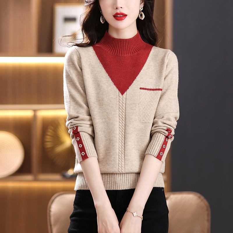 Women Vintage Splicing Panelled Sweaters Autumn Winter Fashion Mock Neck Long Sleeve Casual Slim Knitted Pullovers