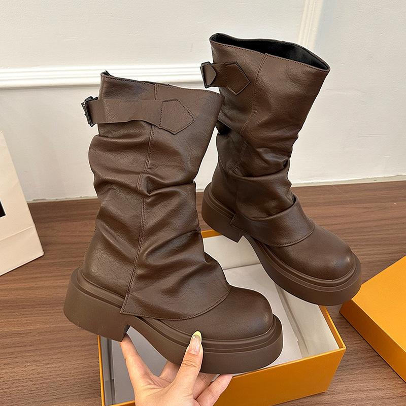 Fashion Autumn Vintage Thick Bottom Woman Knight Boots Fashion Belt Buckle Ladies Slip on Short Booties Black Brown PU Pleated Botas