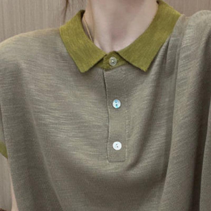 2024 Women's New Summer Fashion Slim Versatile Polo-Neck Short Sleeve Color Blocking Three Button Knitted Ice Silk T-shirt Top