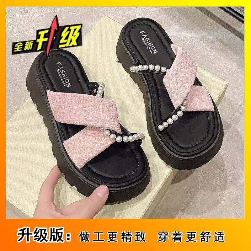 Pearl national style fairy wind girl one-word drag 2025 summer new outer wear with skirt sandals thick-bottomed beach tide slippers