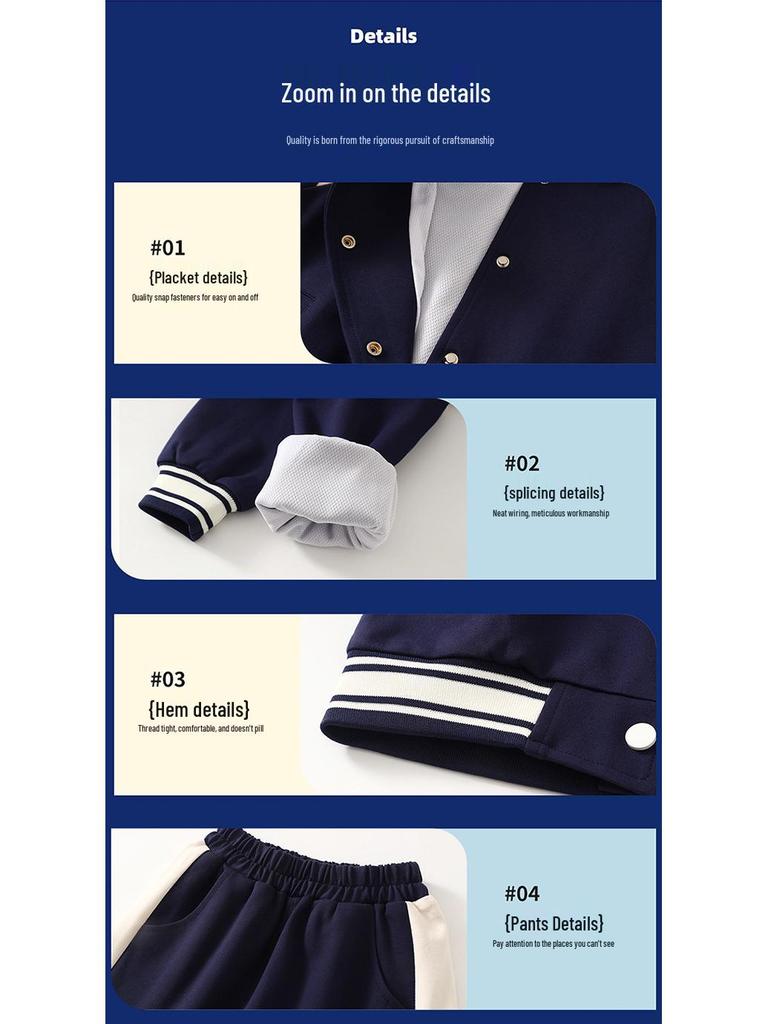 Spring-Autumn Academy-Style Navy Blue Kindergarten & Primary School Baseball Jacket Set