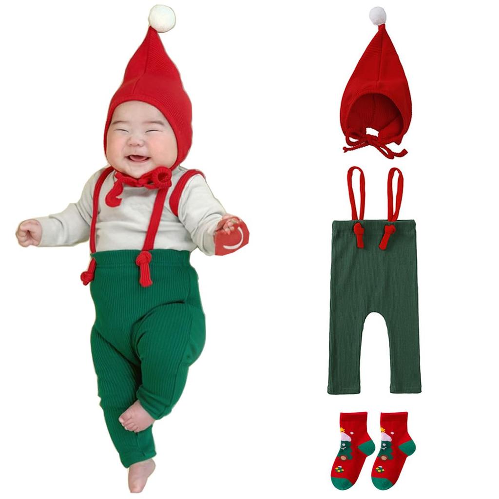 TUPOLILI Christmas Baby Leggings Santa Reindeer Santa Claus Baby Ribbed Overalls 3-Piece Set, Costume, Costume, Outfit, Clothes, Tights, Leggings,