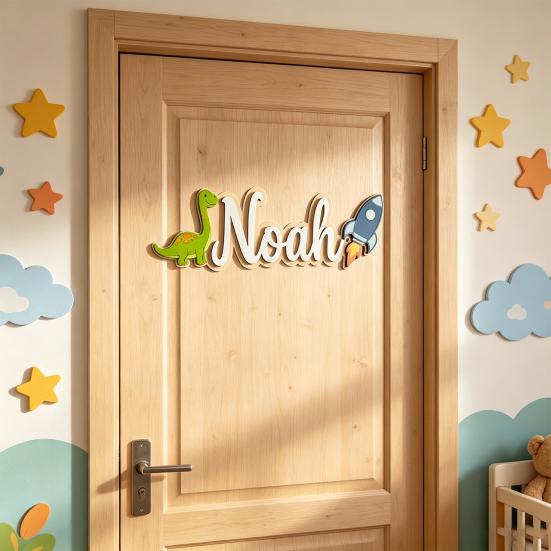 Cartello Personalizzato con Nome per Bambini Dinosauro Razzo Cartello in Legno per Porta per Ragazzi Nome Personalizzato Decorazione da Appendere per Cameretta Asilo Nido Camera da Letto Asilo Nido Sala Giochi