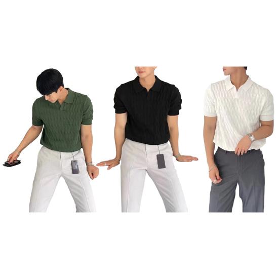 Summer Men Lapel V-neck Knitting Tops Short Sleeve Solid Color Loose Fit