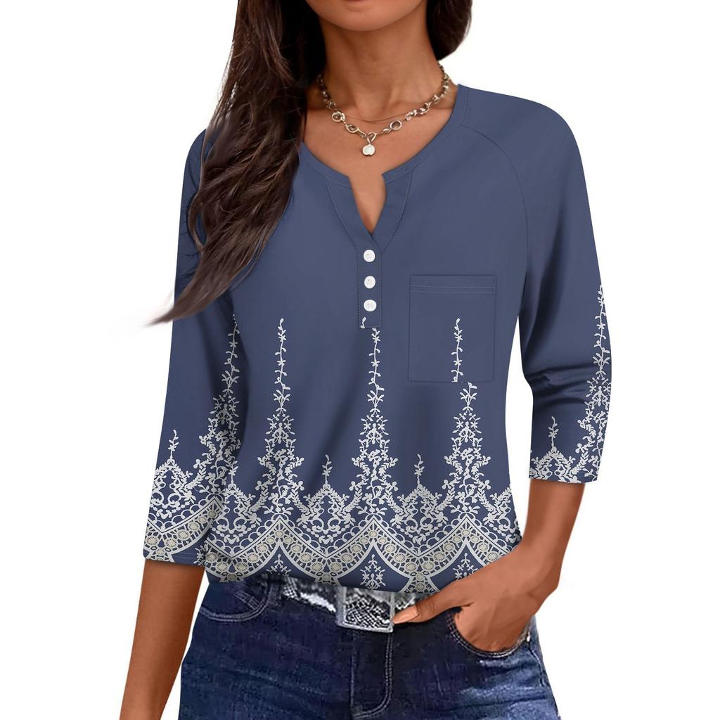 Ladies Casual Fashion V-neck Loose Versatile Floral Print Three-quarter Sleeves