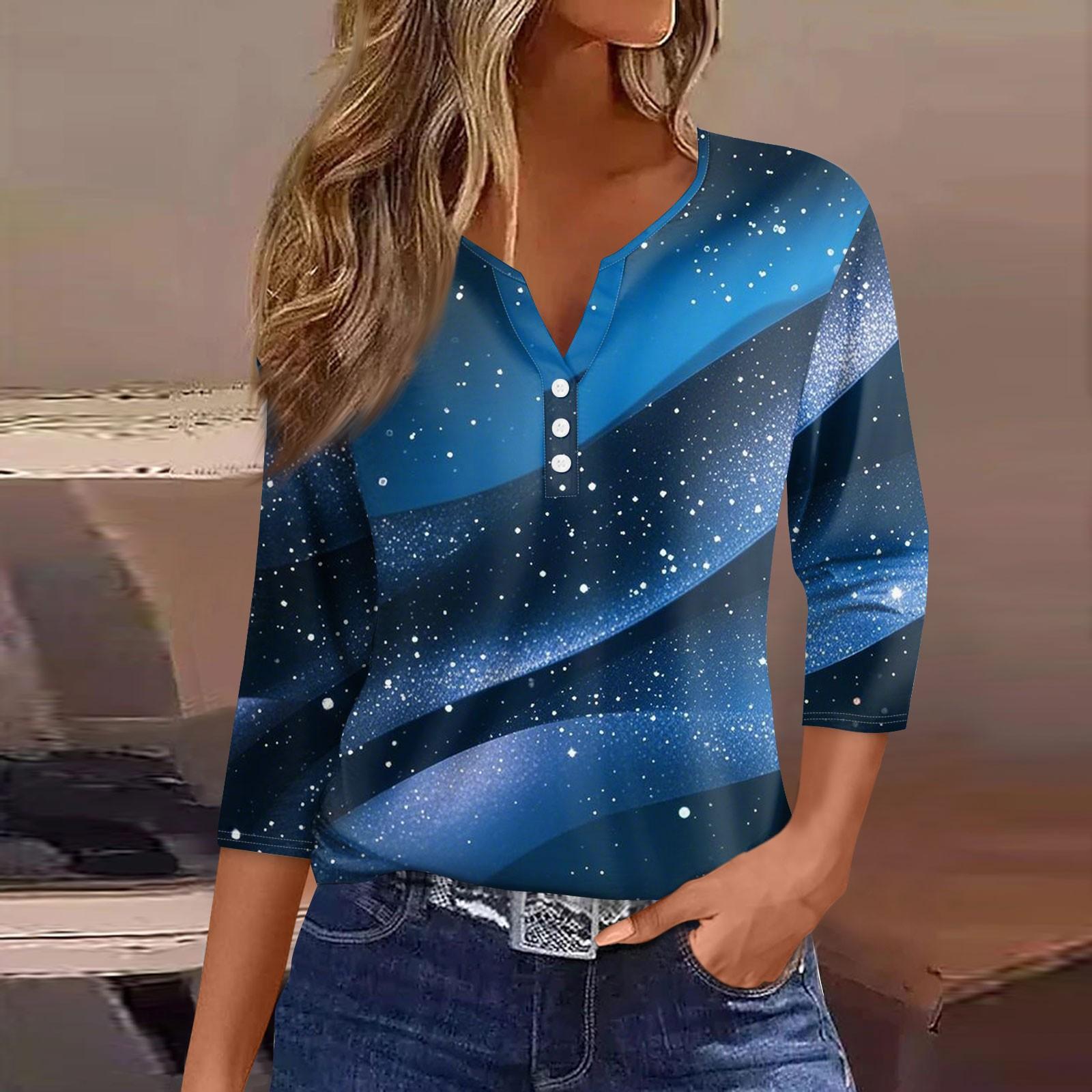 Women s Fashion Button V-Neck Seven Sleeve Geometric Gradient Casual Top L синий