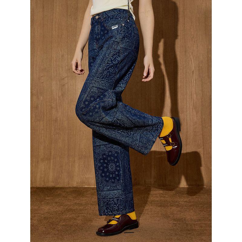 Coolhut2025 Autum Washed High Street Design Paisley Pattern Wide-Leg Women's High-Waisted Jeans