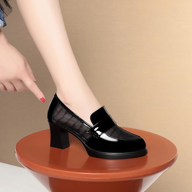 British Style Summer Single Shoes High Heels Waterproof Platform Thick Heel Loafers Mesh Breathable Middle-Aged Leather Shoes