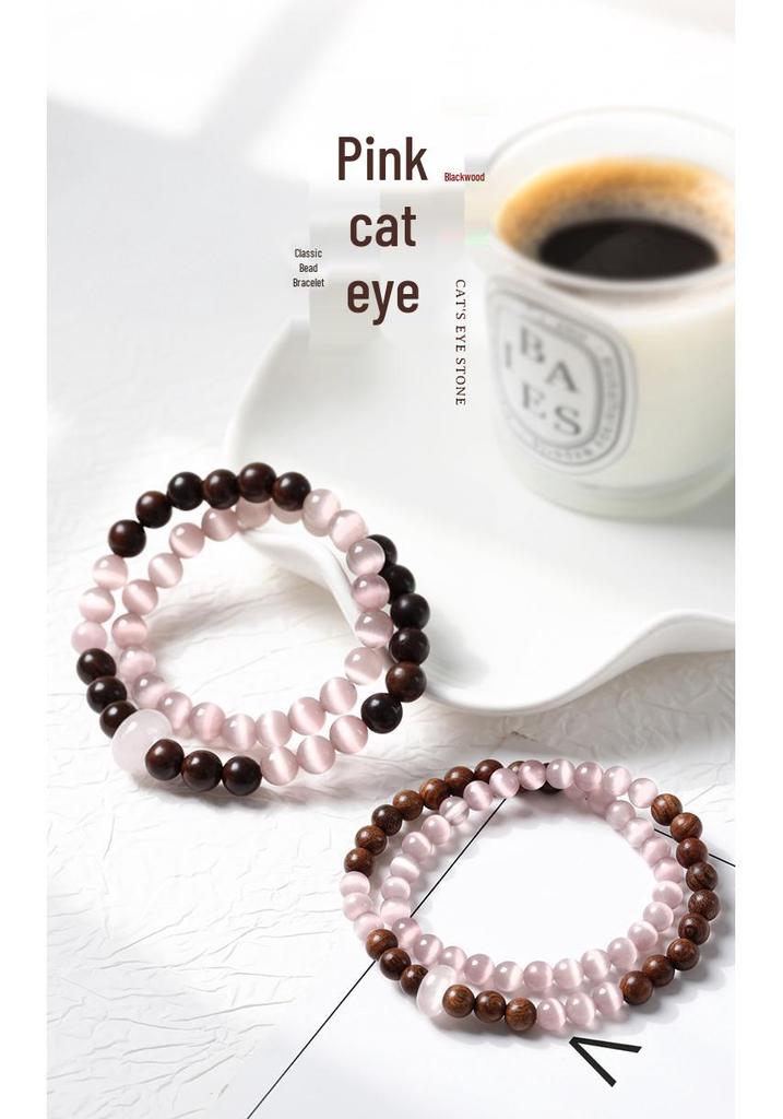 Golden Sandalwood Double Layer Cat's Eye Bracelet - Light Luxury Chinese Style Women's Jewelry