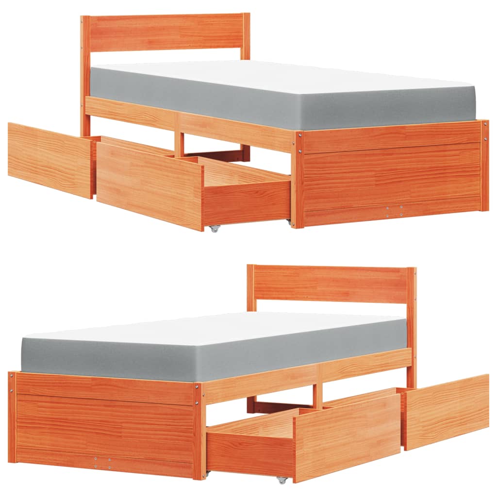 Bed with Drawers and Mattress Wax Brown 100x200 Cm Solid Wood