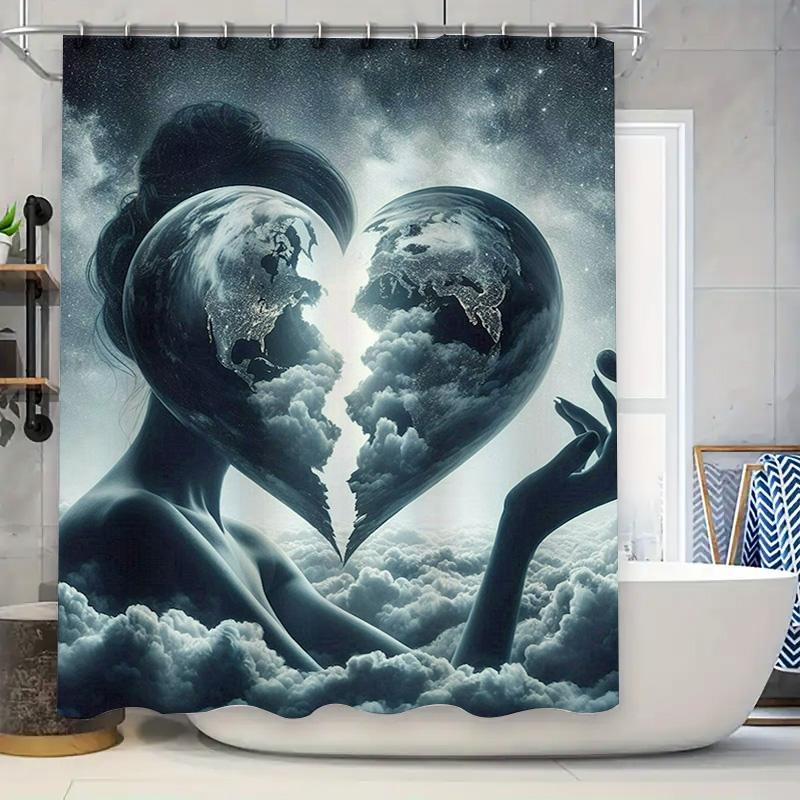 Mystical Heart-Shaped Earth Shower Curtain - Waterproof, Mildew-Resistant, Machine Washable For Dreamy Bathroom Decor