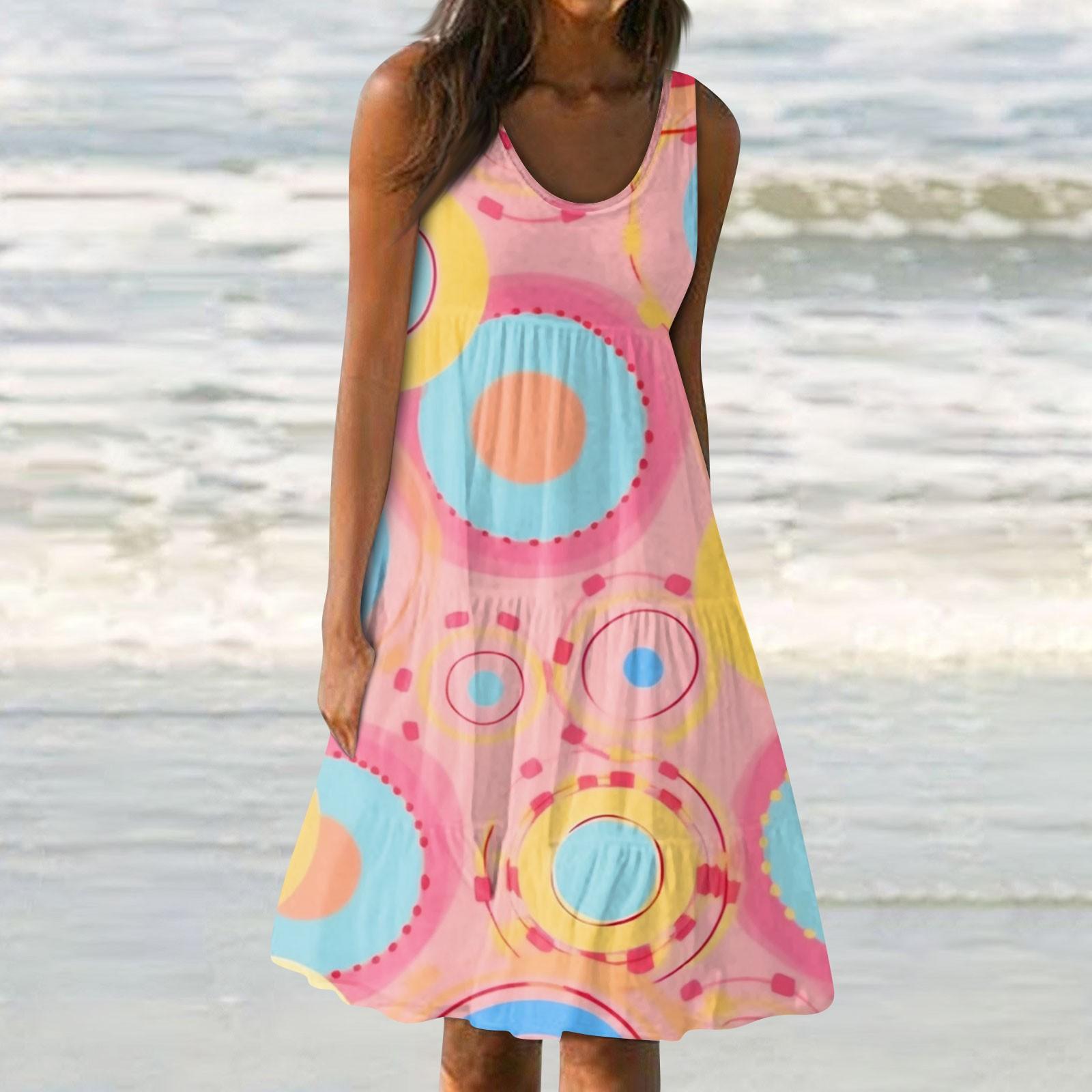 

Женские платья-жилеты Лето-весна Плиссированные богемные платья Симпатичные струящиеся пляжные платья без рукавов Прямая футболка Платья-майки Платья с круглым вырезом M розовый