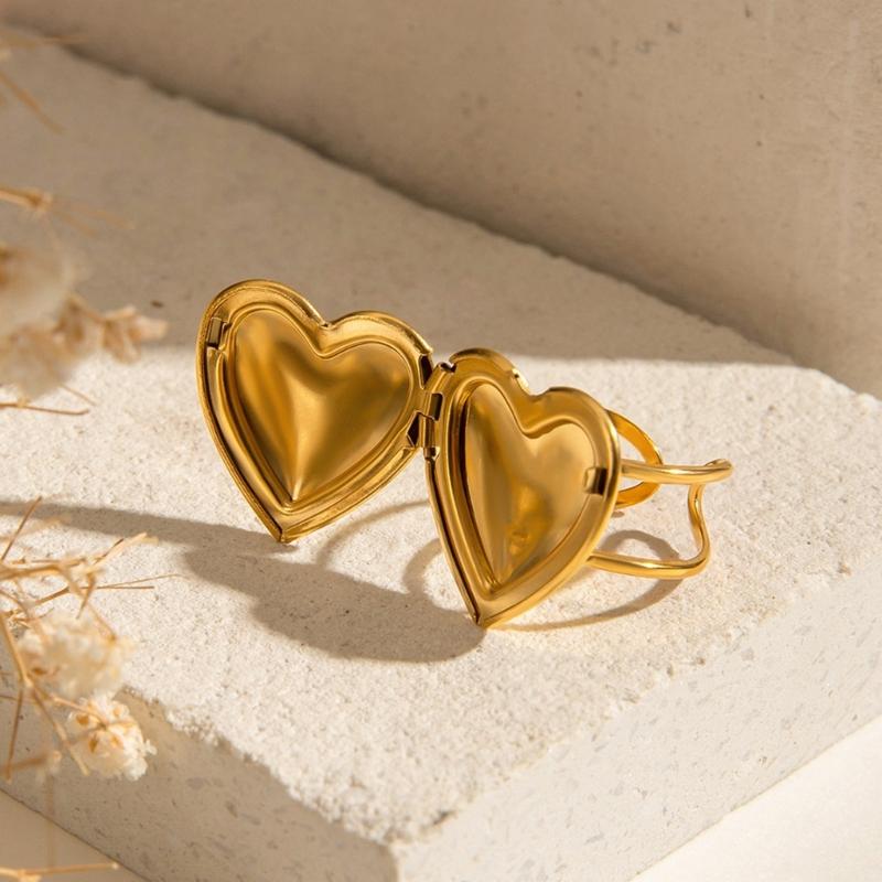 Heart Photo Locket Rings Fashionable Women Rings Adjustable Open Rings Stainless Steel Finger Jewelry for Any Occasion