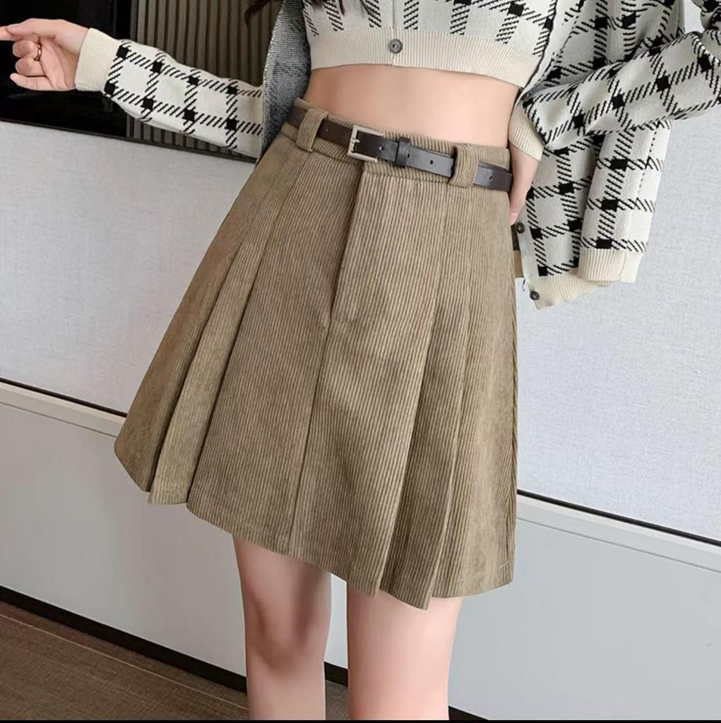 Women's Khaki Corduroy Pleated High Waist A-line Midi Skirt - Autumn/Winter, Slimming, Hip-Covering, Versatile Skirt