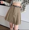 Women's Khaki Corduroy Pleated High Waist A-line Midi Skirt - Autumn/Winter, Slimming, Hip-Covering, Versatile Skirt