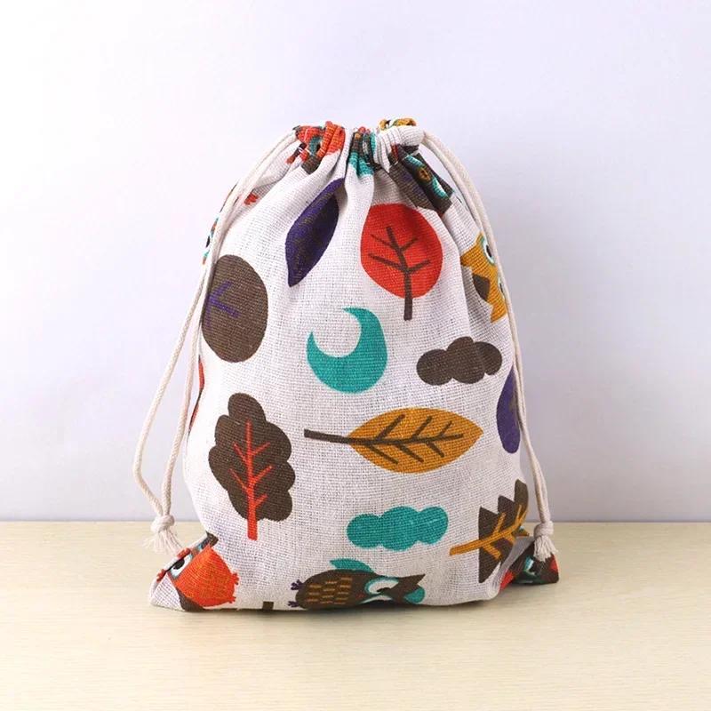 Cotton Linen Drawstring Bag Cute Cartoon Pattern Animal Plant Printed Pouch Dustproof Storage Bag Gift Packaging Bags