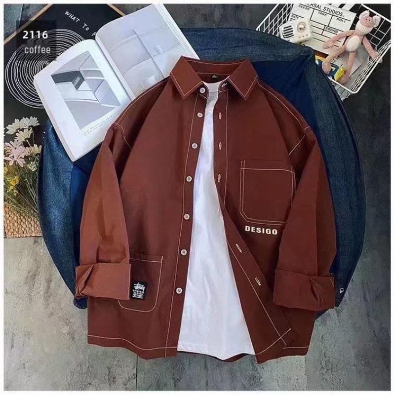 Men's Hong Kong Style Long-Sleeve Shirt: Trendy Loose-Fit Stitching Jacket for Early Autumn, Unisex Couples Design