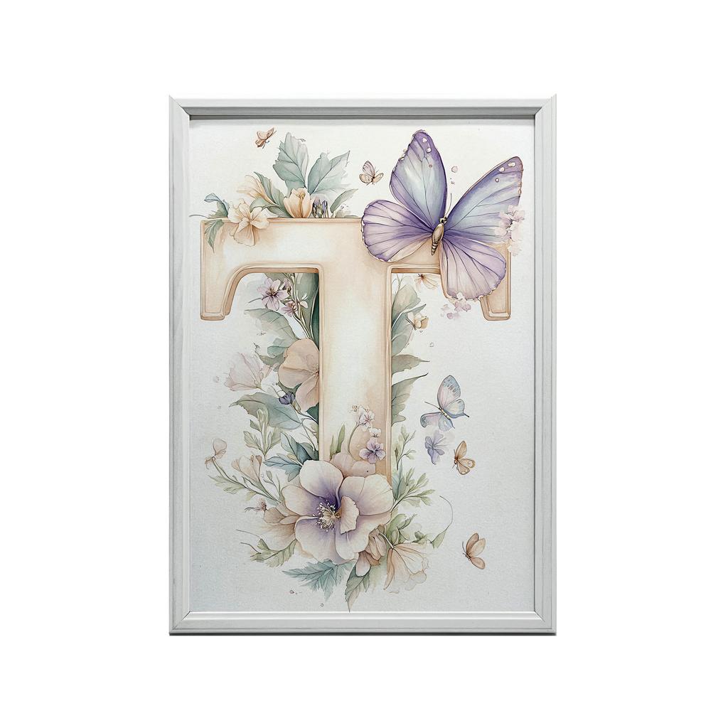 Poster Buchstabe "T" In Blumen Und Schmetterlingen Poster Buchstabe "T" In Blumen Und Schmetterlingen, 30X40 Cm, Ohne Rahmen, Mattes Papier 230 Gsm