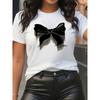 Damen Schwarz mit Schleifenprint T-Shirt - Weich & Atmungsaktiv, Oversized Rundhals Kurzarm Oberteil mit Großem Weißem Schleifen Design