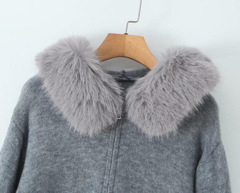 Women's Hooded Knit Cardigan with Fur Collar, Slim Fit, Short Loose Sweater for Autumn/Winter
