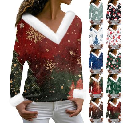 Women's T Shirt Tee Christmas Shirt Long Sleeve Party Christmas Print Fleece Collar V Neck  Top