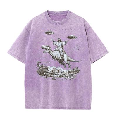 Vintage Washed Distressed T Shirt Cartoon Dinosaur Print Unisex Short Sleeve Tee Streetwear Student Vacation Tops