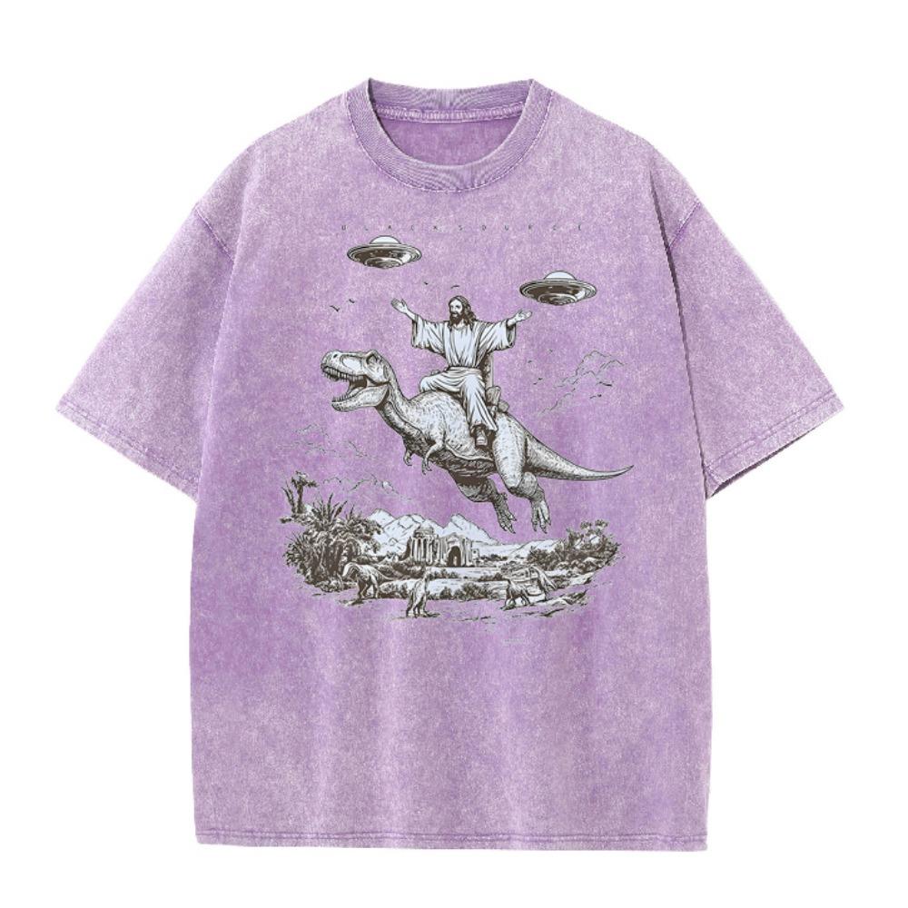 Vintage Washed Distressed T Shirt Cartoon Dinosaur Print Unisex Short Sleeve Tee Streetwear Student Vacation Tops