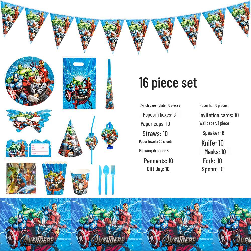 Avengers Tableware Set: Bunting, Cups, Plates, Masks, Cutlery, and Gifts for Indoor Parties