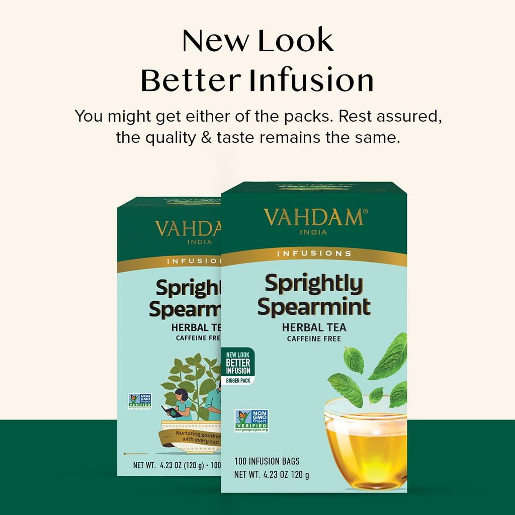 VAHDAM India, Infusions, Herbal Tea, Spritely Spearmint, Caffeine Free, 100 Infusion Bags, 120g (4.23oz)