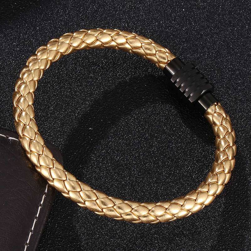 Luxury Round Combination Men's Stainless Steel Clasp Leather Bracelet Jewelry Gift