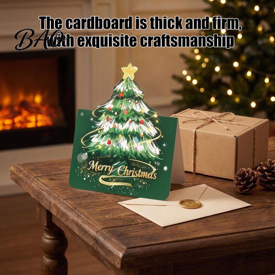 Folded Xmas Cards with Envelopes 10 Pcs 3D Christmas Tree Greeting Cards, Holiday Postcards Themed Base Bulk for New Year, Winter Party Supplies Three