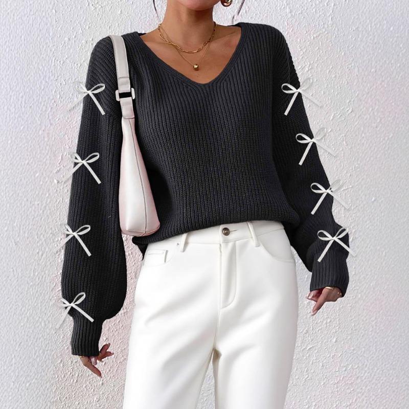 Women's Autumn Winter Tops European American Women's Clothing Ribbon Bow Decoration Pullover Sweater