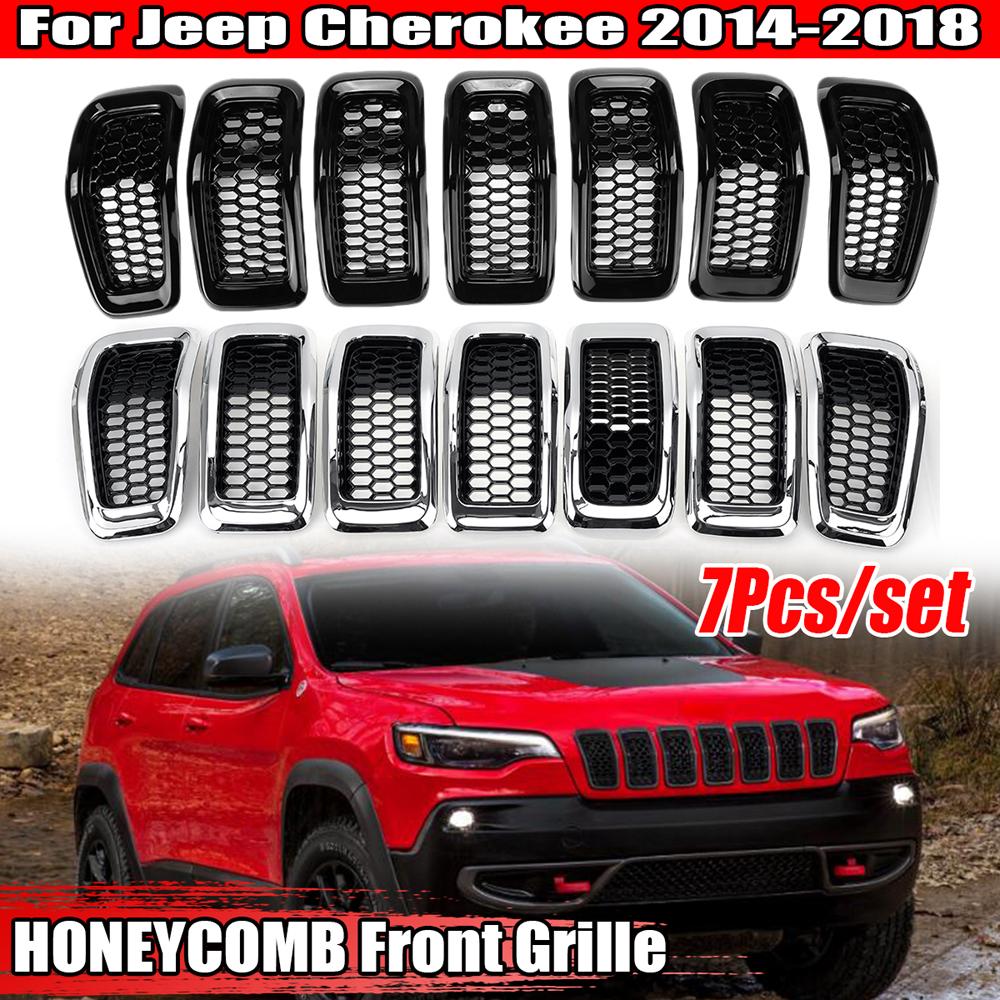 

Передняя решетка для Jeep Cherokee 2014-2018, сотовая передняя решетка, вставки, рамка, крышка, накладка, комплект (7шт / комплект)