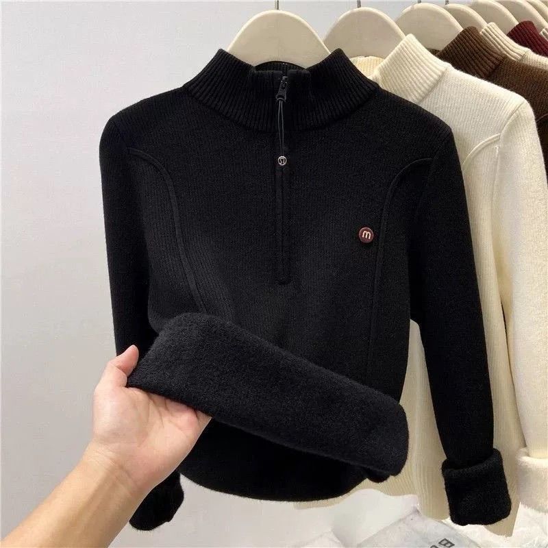 Autumn Winter Women's Thickened Stand Up Collar Sweater Half Open Collar Zipper Velvet Warm High Neck Pullover