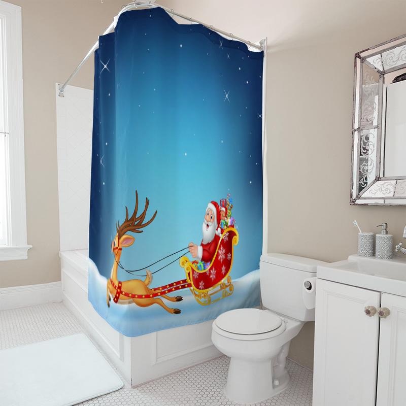 Tu Santa Claus Christmas Shower Curtain Festive Holiday Reindeer Sleigh Winter Themed Bathroom Decor Merry Xmas Gift Holiday Spi