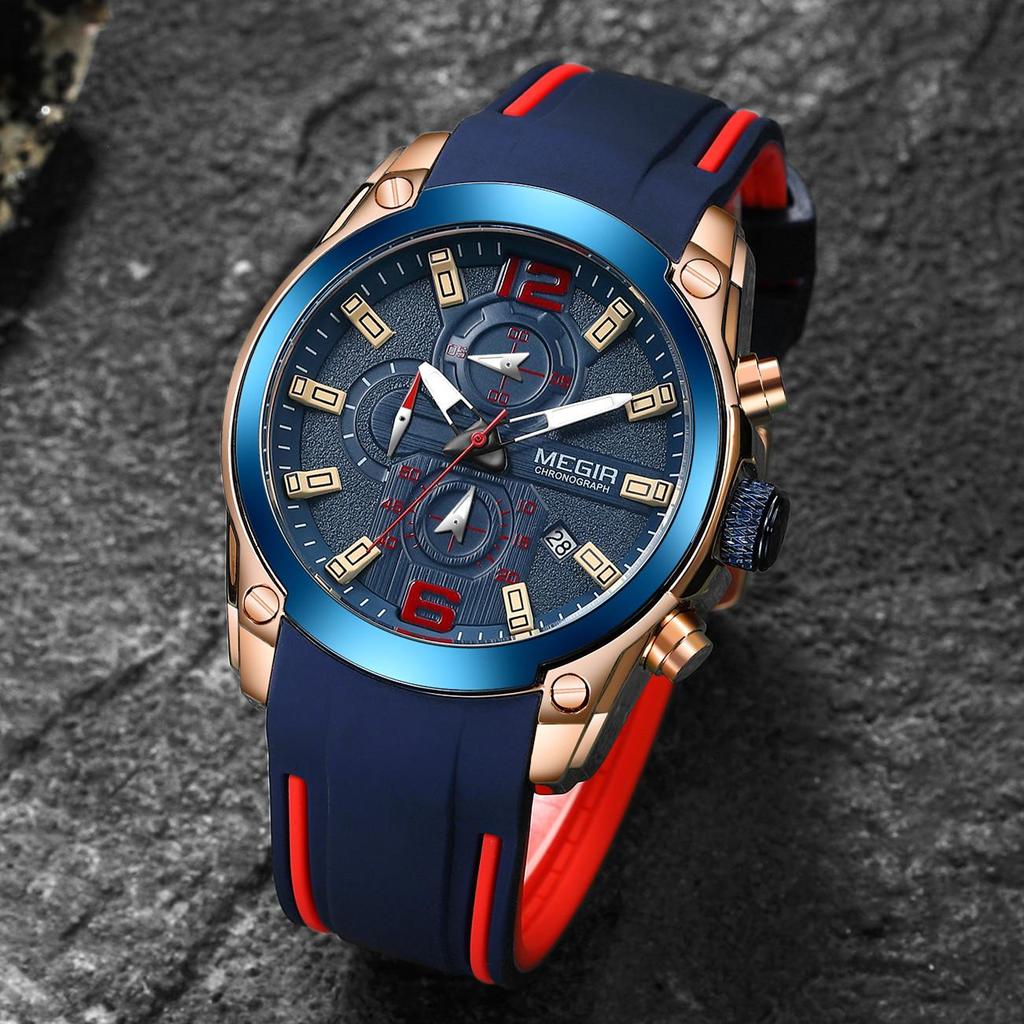 Megir Rose Blue Waterproof Sports Men Watches Clock Quartz Wrsitwatch for Man