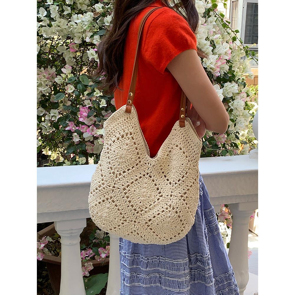 IELGY Hollow Woven Bag Commuter All-Match One-Shoulder Seaside Vacation Large-Capacity Tote Bag