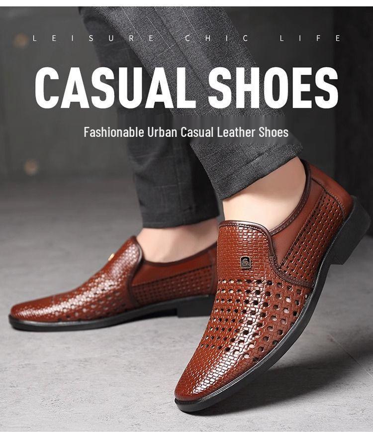 2025 Men's Breathable Hollow Leather Sandals - Formal, Casual, Woven Design for Dad